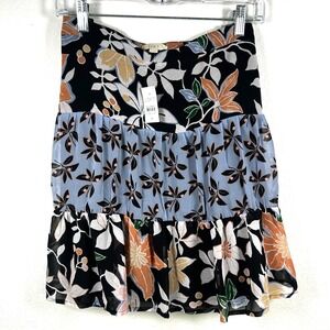 LOFT Tiered Mini Skirt Floral Mixed Print Black Blue Orange Size 14 NWT 90s Boho